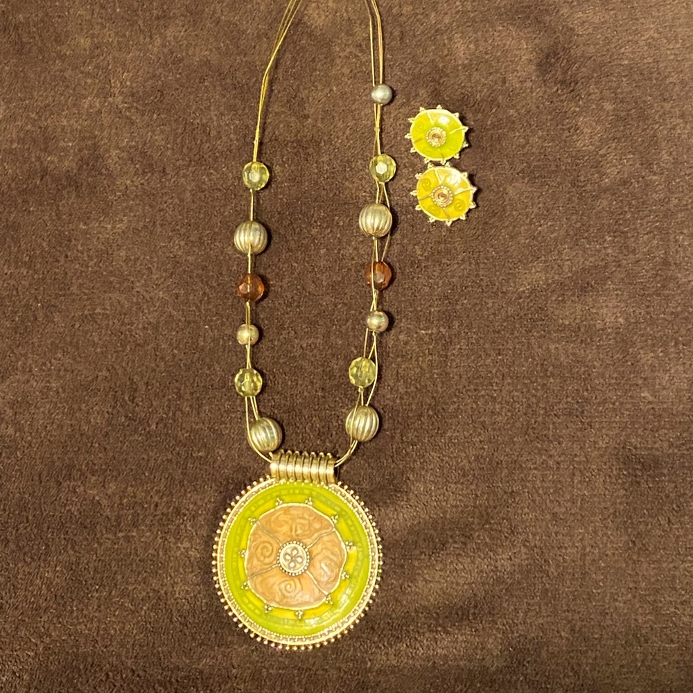Lime green and brown necklace and matching earrings